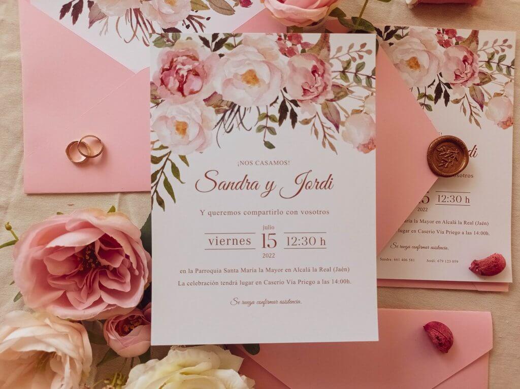 Invitación de boda romántica diseñada en pachanga party studio granada